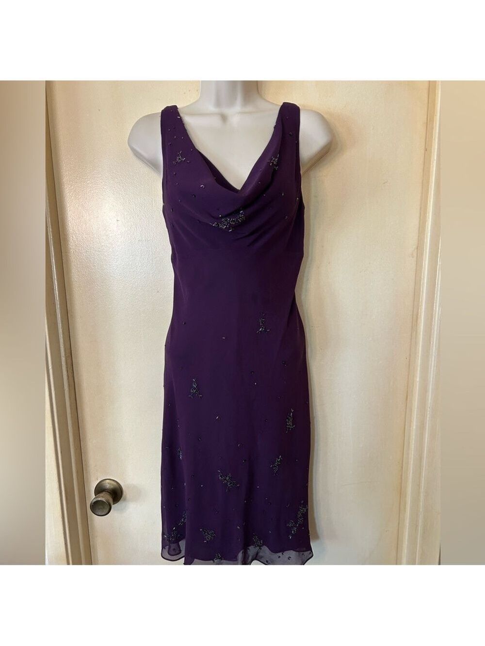 Jones New York Deep Purple Beaded Drape Front Midi Dress size 10P